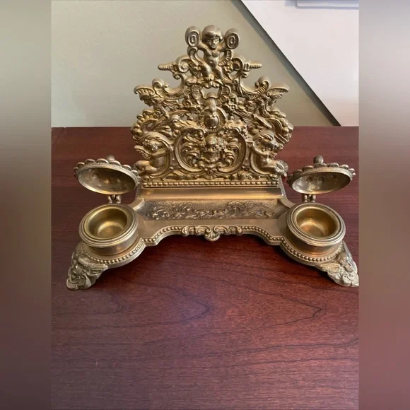 Vintage Solid Brass Cherub Letter Holder Inkwell Grand Decorative Desk Accessory - Picture 11 of 12